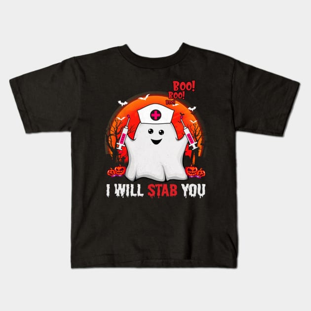 Funny ghost boo boo boo I will stab you tshirt funny halloween gift t-shirt Kids T-Shirt by American Woman